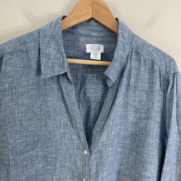 Sigrid Olsen Womens Plus 2X Blue 100% Linen Button Up Shirt Roll Tab Sleeve Top - Picture 9 of 10